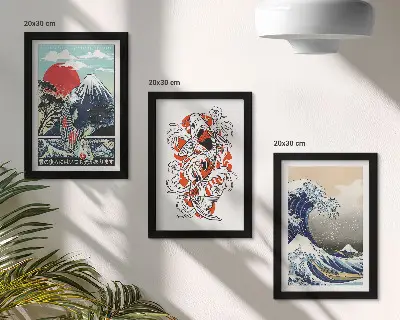 Pakke med billeder og rammer illustrationer af fiskebjerge og den store bølge ud for Kanagawa i japansk stil
