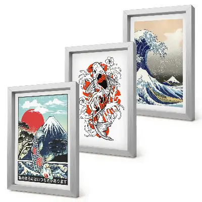 Pakke med billeder og rammer illustrationer af fiskebjerge og den store bølge ud for Kanagawa i japansk stil