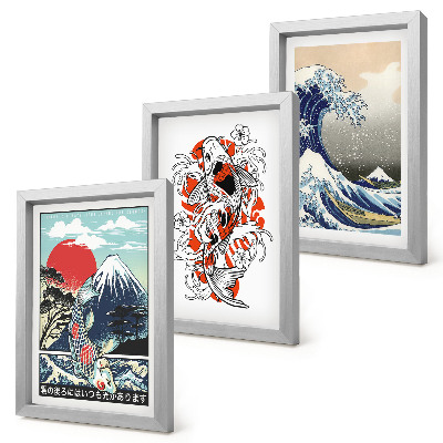 Pakke med billeder og rammer Illustrationer af fiskebjerge og den store bølge ud for Kanagawa, japansk stil