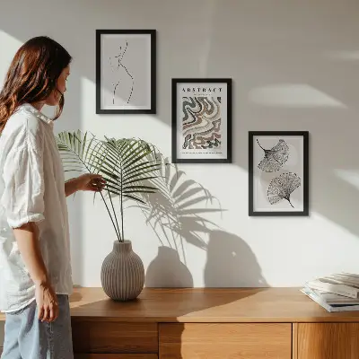 Billedvæg med abstrakt plakat i boho-stil med feminine former og blade