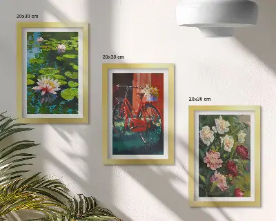Billeder med rammer motiver af liljer på vandet, cykel i haven og farverige blomster
