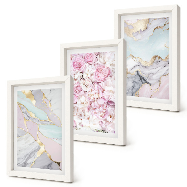 Pakke med billeder og rammer Lyserøde blomster med marmor- og pastelmønstre
