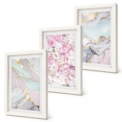 Pakke med billeder og rammer Lyserøde blomster med marmor- og pastelmønstre