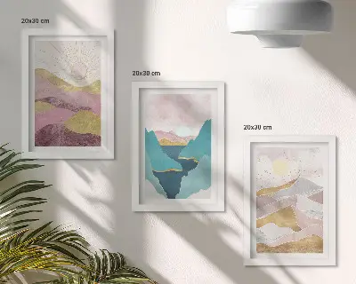 Billedvæg med abstrakte landskaber af bjerge og sol