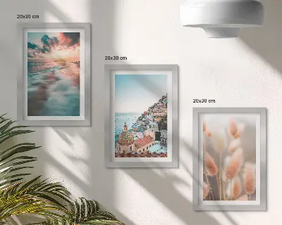 Moderne billedsæt med havudsigt, solnedgang, farverige huse og blomster