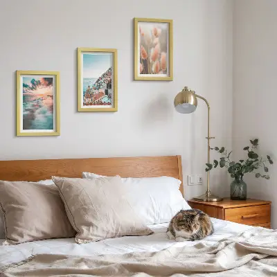 Moderne billedsæt med havudsigt, solnedgang, farverige huse og blomster