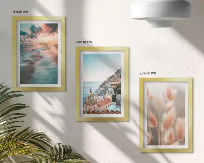 Moderne billedsæt med havudsigt, solnedgang, farverige huse og blomster