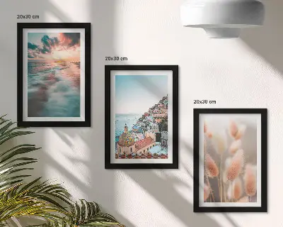 Moderne billedsæt med havudsigt, solnedgang, farverige huse og blomster