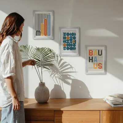Plakater med geometriske mønstre i Bauhaus-stil pakke med billeder og rammer