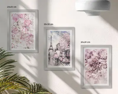 Moderne billedsæt med blomster i lyserøde nuancer i et romantisk landskab