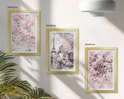 Moderne billedsæt med blomster i lyserøde nuancer i et romantisk landskab