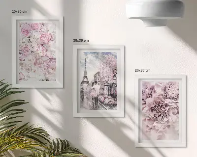 Moderne billedsæt med blomster i lyserøde nuancer i et romantisk landskab