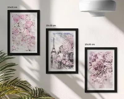 Moderne billedsæt med blomster i lyserøde nuancer i et romantisk landskab