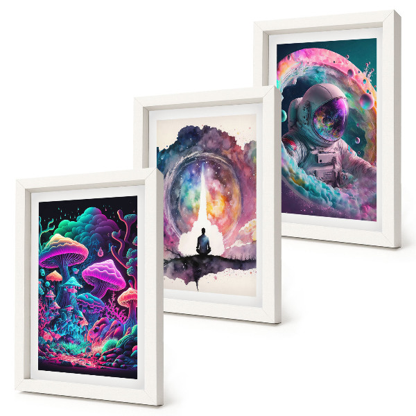 Pakke med billeder og rammer Farverige illustrationer i fantasy-stil