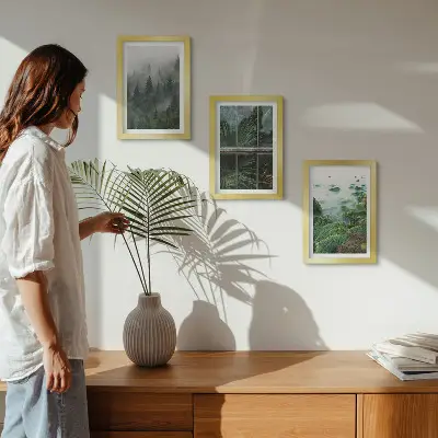 Billedrammer med motiver sæt med skov i tåge, flodbred og drivhus med planter