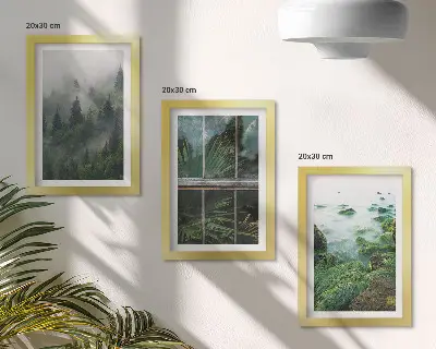 Billedrammer med motiver sæt med skov i tåge, flodbred og drivhus med planter