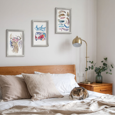 Pakke med billeder og rammer Gevirhjort med blomster, ferievogn, fjer