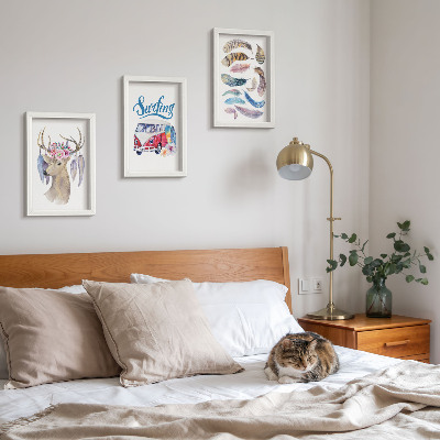 Pakke med billeder og rammer Gevirhjort med blomster, ferievogn, fjer
