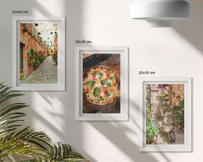Billedvæg med motiv af charmerende gader med planter og italiensk pizza