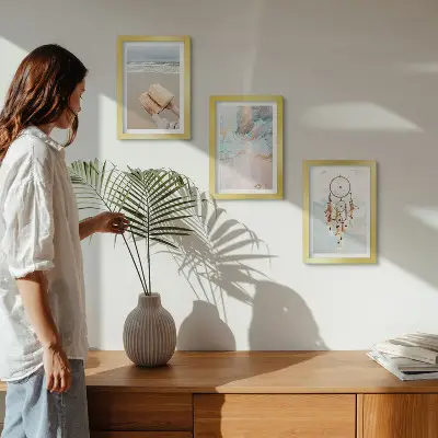 Moderne billedsæt med abstrakt havmotiv og boho drømmefanger