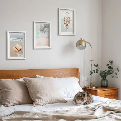 Moderne billedsæt med abstrakt havmotiv og boho drømmefanger