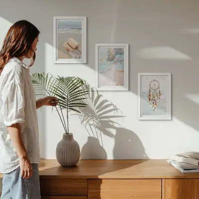 Moderne billedsæt med abstrakt havmotiv og boho drømmefanger
