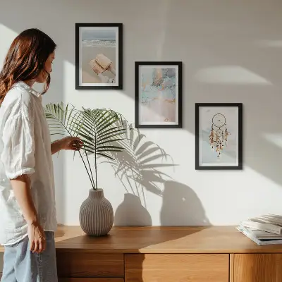 Moderne billedsæt med abstrakt havmotiv og boho drømmefanger