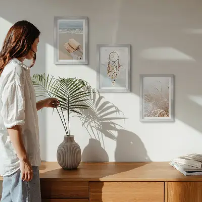 Moderne billedsæt med fredelige landskaber og sarte sommerudsigter i boho-stil