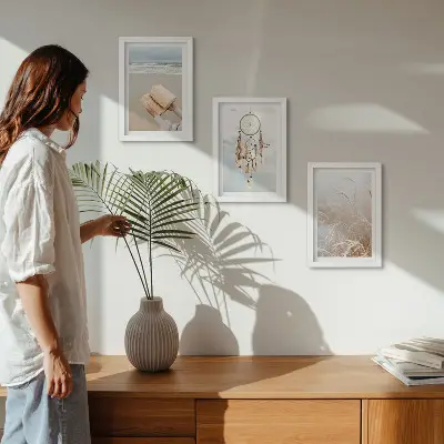 Moderne billedsæt med fredelige landskaber og sarte sommerudsigter i boho-stil