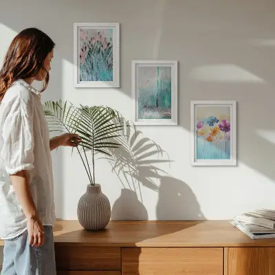 Billedvæg med blomster mod en baggrund af pastelfarver og fine mønstre