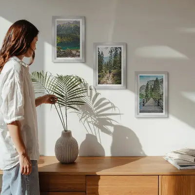Moderne billedsæt med motiver af bjerge, søer, skove og stier i naturen