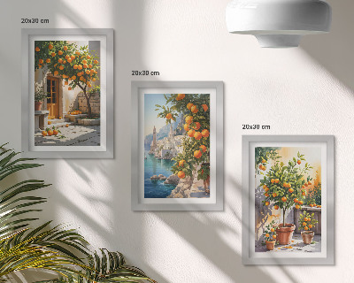 Pakke med billeder og rammer Malede citrusfrugter og kystlandskaber