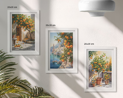 Pakke med billeder og rammer Malede citrusfrugter og kystlandskaber