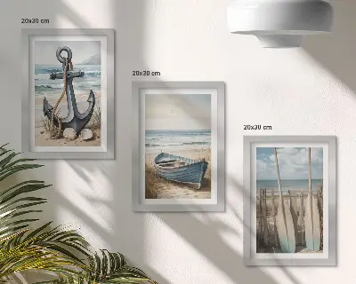 Billedvæg med bådanker og årer på stranden sæt med billeder og rammer