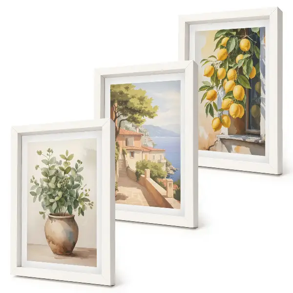 Moderne billedsæt med motiv af blomster i en vase, havudsigt og citroner