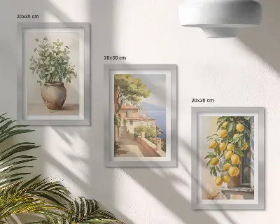 Moderne billedsæt med motiv af blomster i en vase, havudsigt og citroner