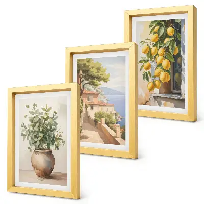 Moderne billedsæt med motiv af blomster i en vase, havudsigt og citroner