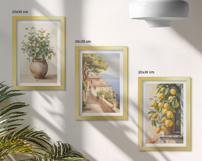 Moderne billedsæt Blomster i en vase med udsigt over havet og citroner