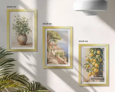 Moderne billedsæt med motiv af blomster i en vase, havudsigt og citroner