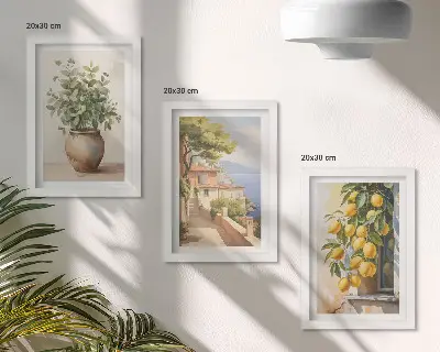 Moderne billedsæt med motiv af blomster i en vase, havudsigt og citroner