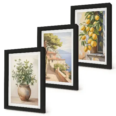 Moderne billedsæt med motiv af blomster i en vase, havudsigt og citroner