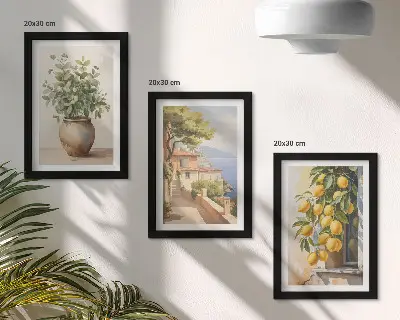 Moderne billedsæt med motiv af blomster i en vase, havudsigt og citroner