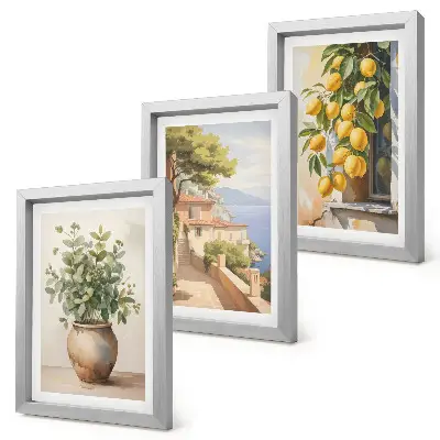 Moderne billedsæt med motiv af blomster i en vase, havudsigt og citroner