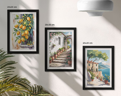 Pakke med billeder og rammer Citroner mod en baggrund af blomster og havudsigt