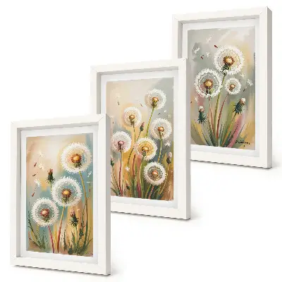 Billedrammer med motiv af mælkebøtter pakke med billeder og rammer af mælkebøtteblomster mod pastelgræsser