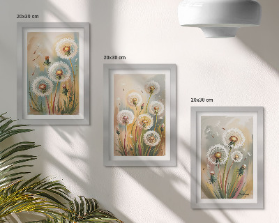 Pakke med billeder og rammer Mælkebøtteblomster mod en baggrund af pastelgræsser