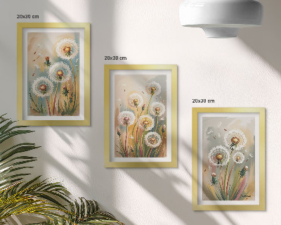 Pakke med billeder og rammer Mælkebøtteblomster mod en baggrund af pastelgræsser