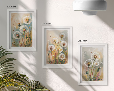Pakke med billeder og rammer Mælkebøtteblomster mod en baggrund af pastelgræsser