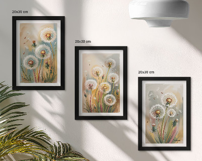 Pakke med billeder og rammer Mælkebøtteblomster mod en baggrund af pastelgræsser