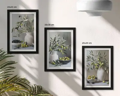Moderne billedsæt med oliven i vaser med grene på en grå baggrund
